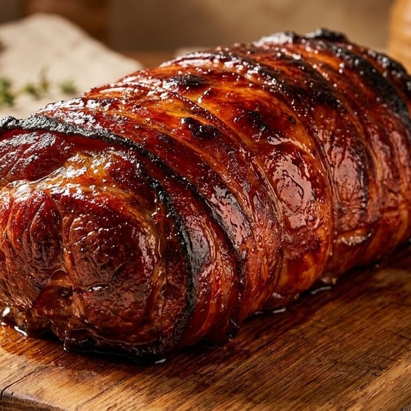 A glistening, roasted pork loin with crispy skin sits on a rustic wooden cutting board.