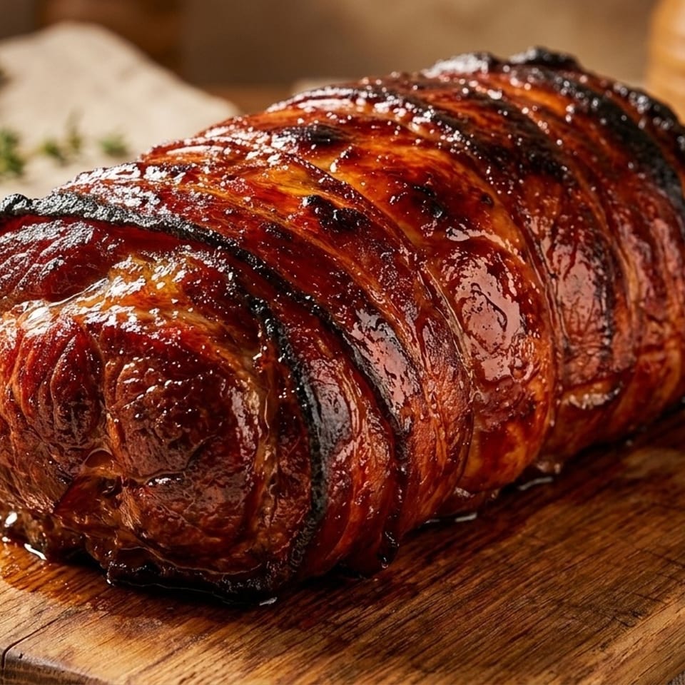 A glistening, roasted pork loin with crispy skin sits on a rustic wooden cutting board.