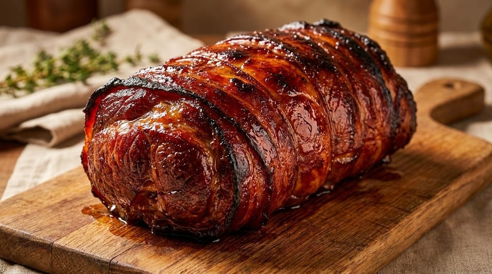 A glistening, roasted pork loin with crispy skin sits on a rustic wooden cutting board.