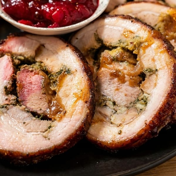 Slices of roasted pork belly roulade with stuffing, served with sweet potatoes and cranberry sauce.
