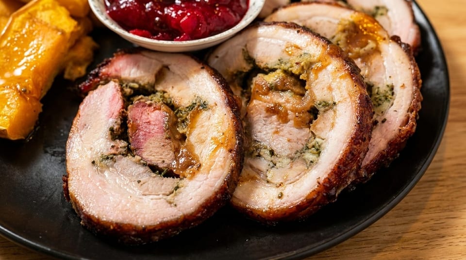 Slices of roasted pork belly roulade with stuffing, served with sweet potatoes and cranberry sauce.